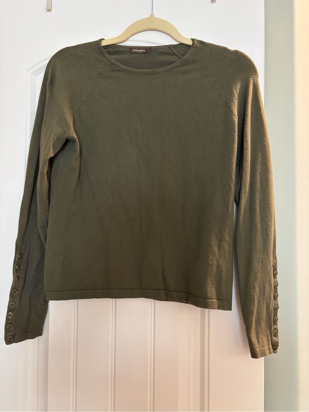 J. McLaughlin Olive Green Crewneck Sweater with Button Cuffs